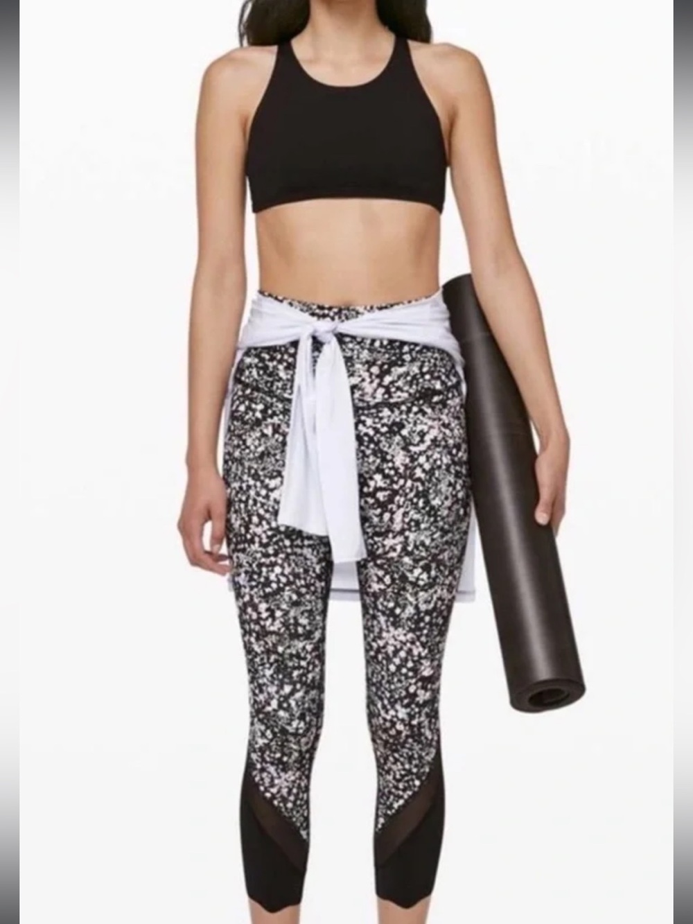 lululemon athletica Black floral Capri Leggings with Mesh Insets